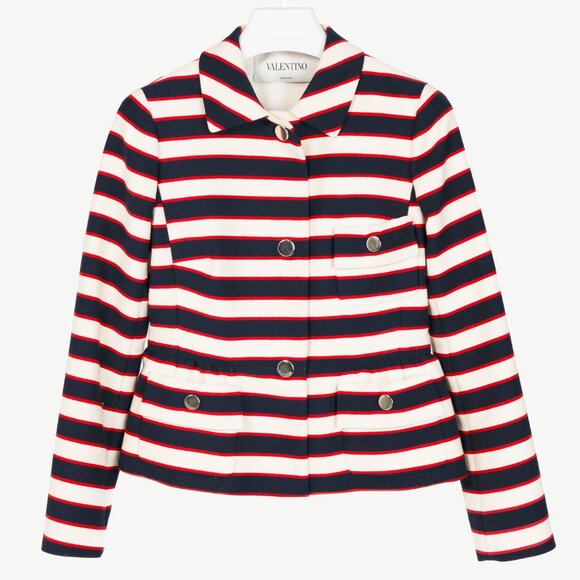 Valentino Resort 2014 White & Navy Striped Wool & Silk Peplum Jacket - Picture 1 of 11